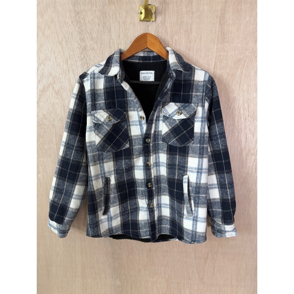 Distortion Boys Blue Plaid Sherpa Lined Button Down Shirt Large 14-16 RN 65933